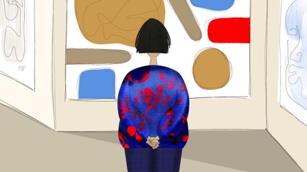 Illustratie van vrouw die kunst kijkt