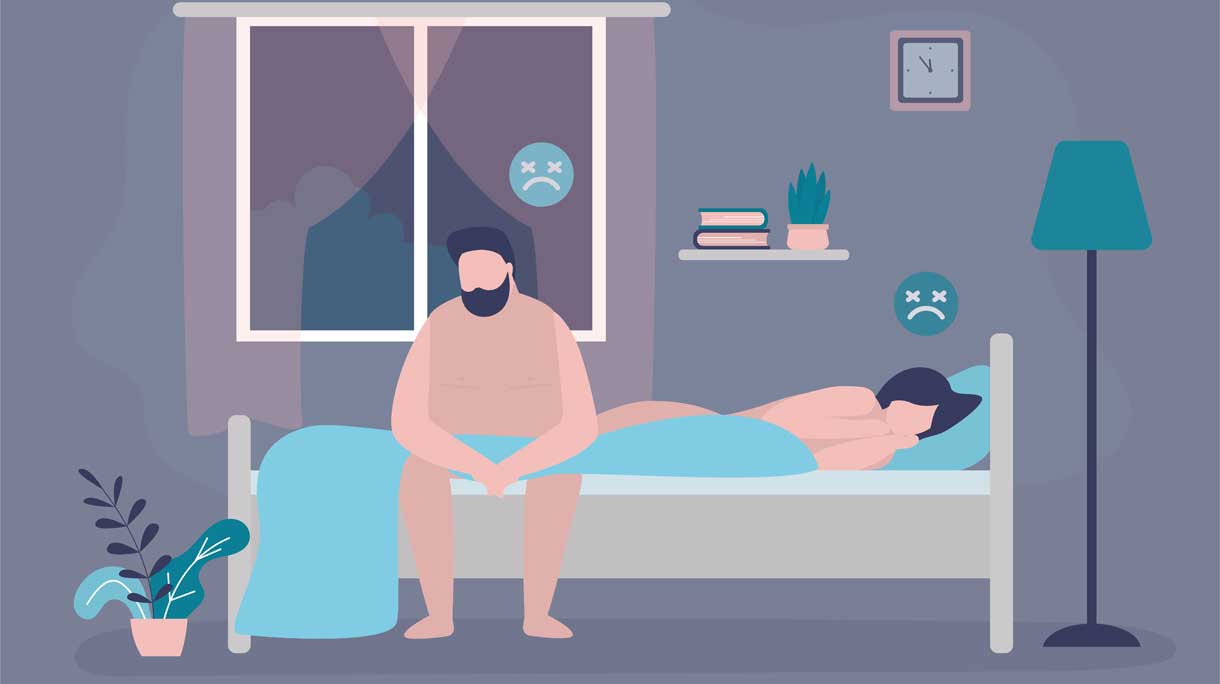Illustratie van stel in en op bed