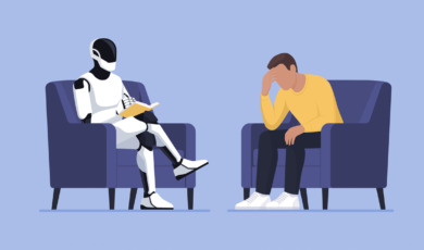 Man zit op een stoel in gesprek met een AI-assistent