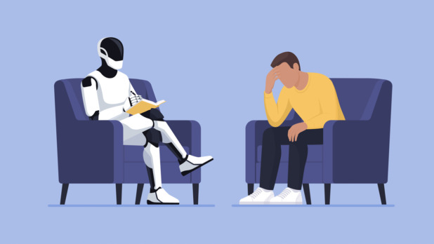 Man zit op een stoel in gesprek met een AI-assistent