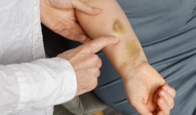 blauwe plek op arm van oudere vrouw