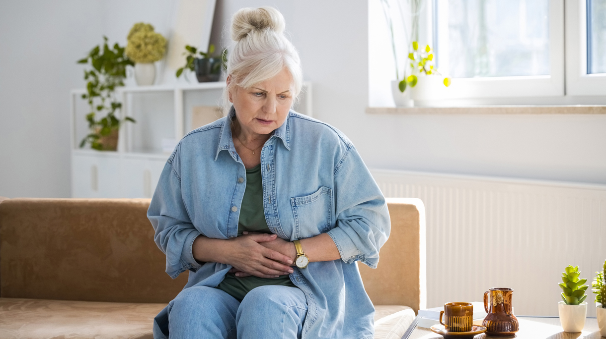 senior vrouw heeft buikpijn
