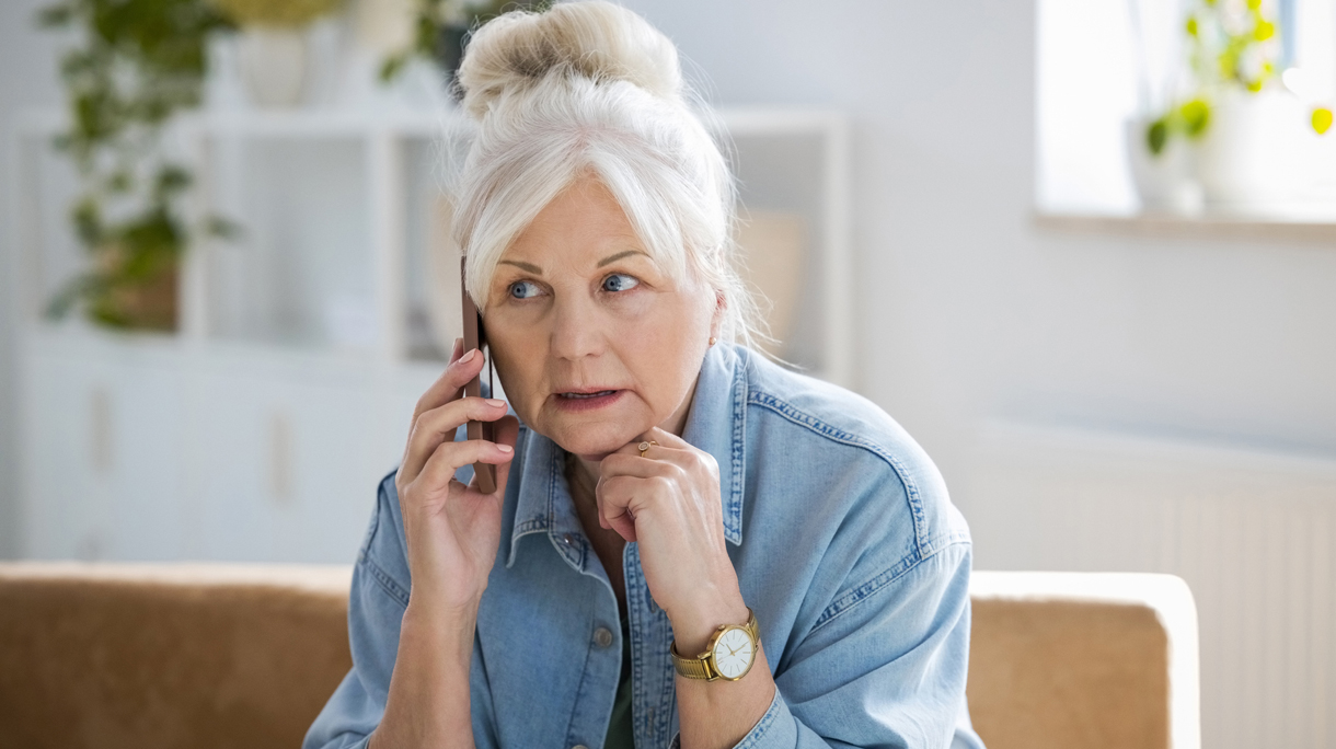 oudere vrouw kijkt bezorgd tijdens bellen