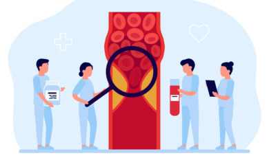 Illustratie van doktoren die een trombose bekijken met een vergrootglas