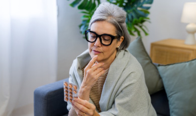 50 plus vrouw kijkt naar pillen