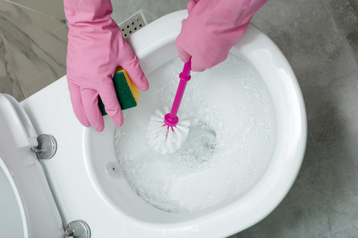 Toiletpot wordt schoongemaakt door dame met handschoenen